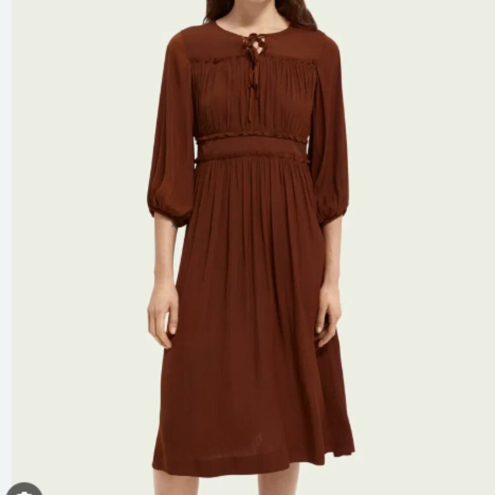 scotch and soda ruffled midi-length dress in brown